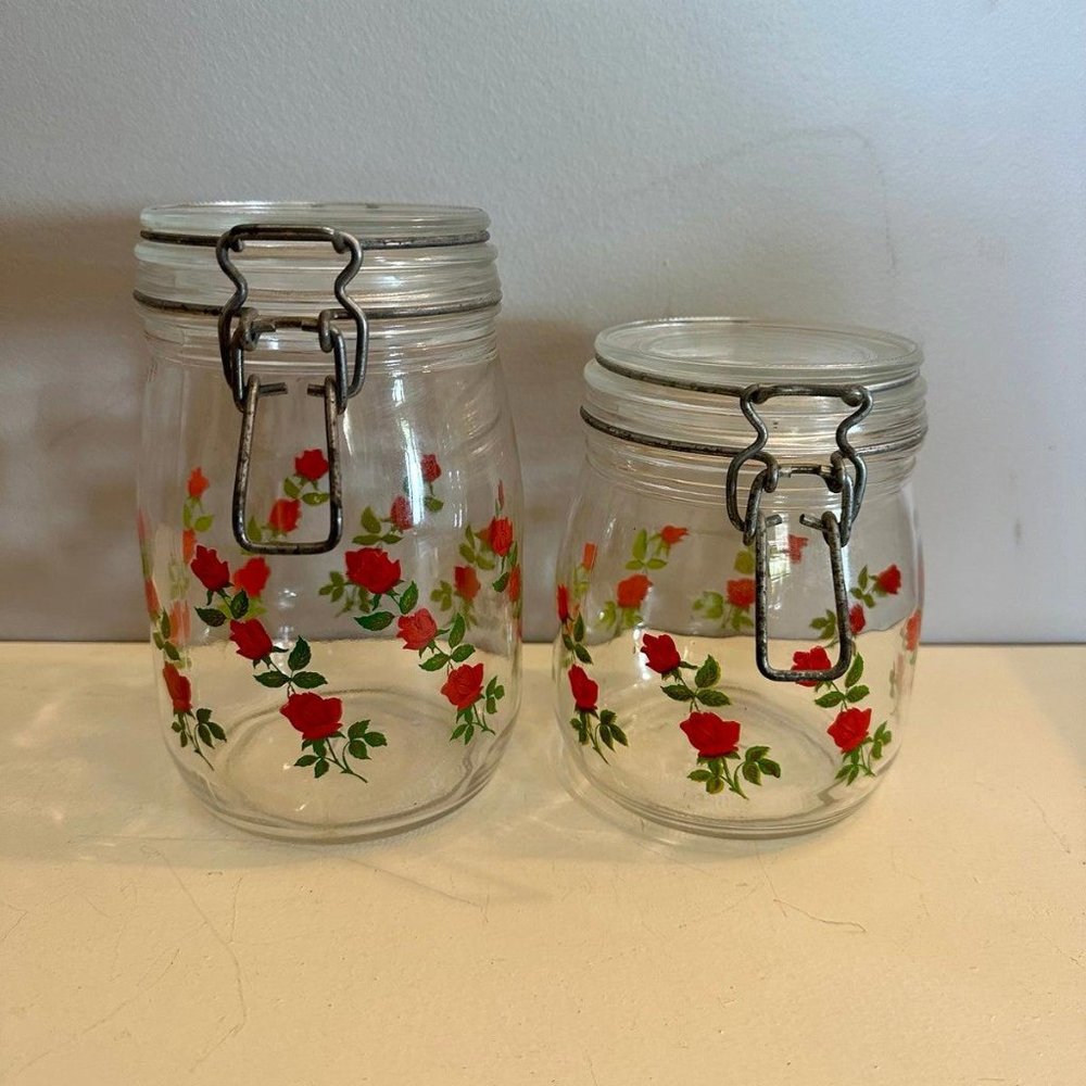 Vintage Arc Glass Canisters w Red Roses Unique